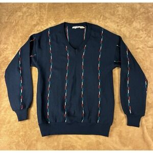VTG Repage Mens Sweater Lg Knit Pullover Striped Long Sleeve Blue 90s Grandpa